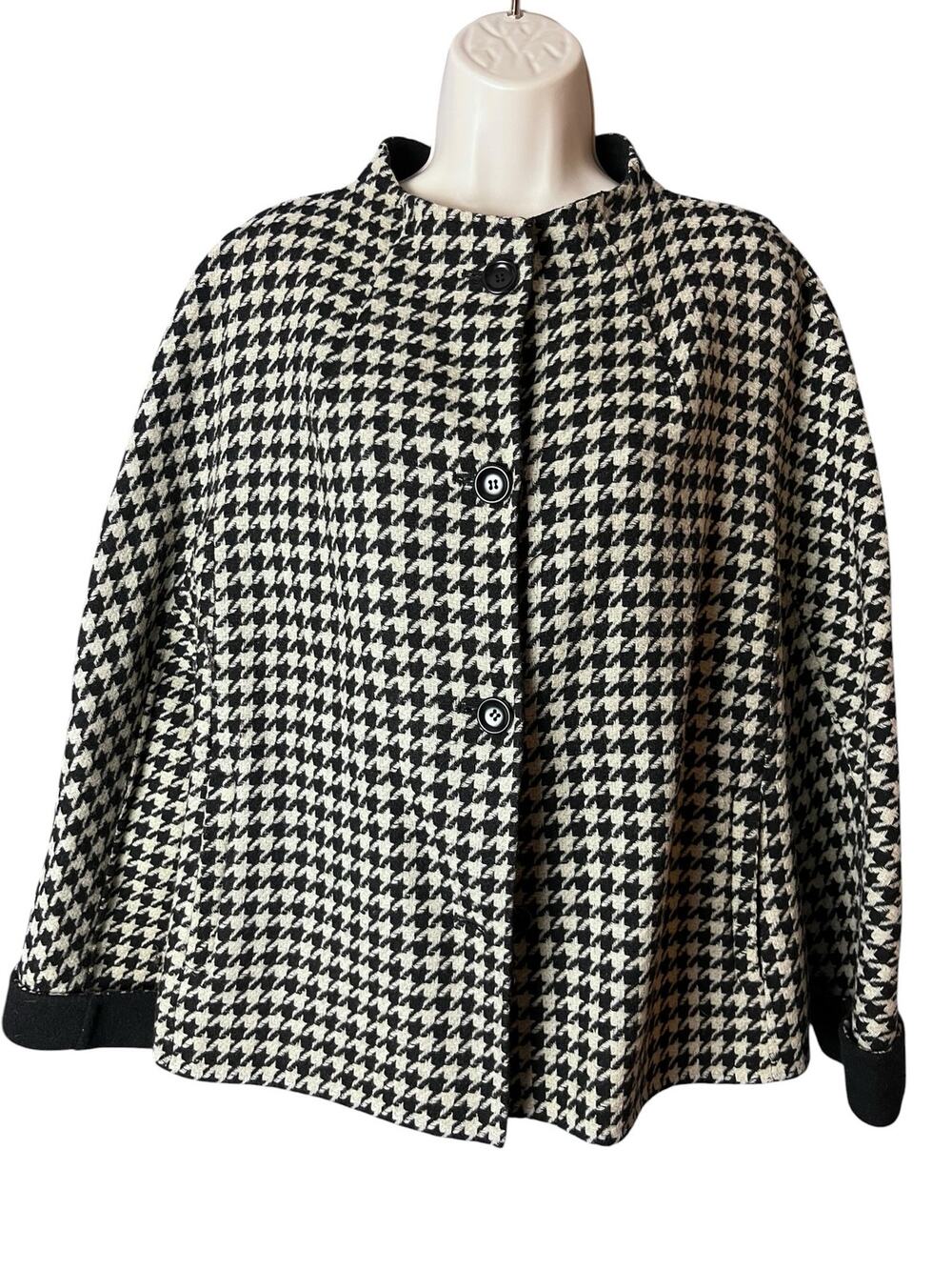 Talbots Petites Wool Swing Car Coat Jacket Womens XLP Houndstooth Black Ivory